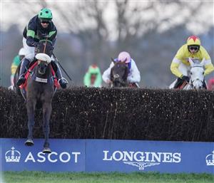 ASCOT, ENGLAND - JANUARY 23: David Bass riding First Flow clear the last to win The Matchbook Betting Exchange Clarence House Chase at Ascot Racecourse on January 23, 2021 in Ascot, England. Due to the Coronavirus pandemic, owners along with the paying public will not be allowed to attend the meeting. (Photo by Alan Crowhurst/Getty Images)