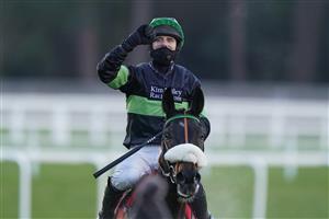 ASCOT, ENGLAND - JANUARY 23: David Bass riding First Flow celebrate after winning The Matchbook Betting Exchange Clarence House Chase at Ascot Racecourse on January 23, 2021 in Ascot, England. Due to the Coronavirus pandemic, owners along with the paying public will not be allowed to attend the meeting. (Photo by Alan Crowhurst/Getty Images)