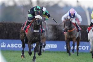 ASCOT, ENGLAND - JANUARY 23: David Bass riding First Flow clear the last to win The Matchbook Betting Exchange Clarence House Chase at Ascot Racecourse on January 23, 2021 in Ascot, England. Due to the Coronavirus pandemic, owners along with the paying public will not be allowed to attend the meeting. (Photo by Alan Crowhurst/Getty Images)