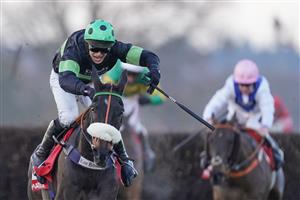 ASCOT, ENGLAND - JANUARY 23: David Bass riding First Flow clear the last to win The Matchbook Betting Exchange Clarence House Chase at Ascot Racecourse on January 23, 2021 in Ascot, England. Due to the Coronavirus pandemic, owners along with the paying public will not be allowed to attend the meeting. (Photo by Alan Crowhurst/Getty Images)