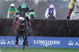 ASCOT, ENGLAND - JANUARY 23: David Bass riding First Flow clear the last to win The Matchbook Betting Exchange Clarence House Chase at Ascot Racecourse on January 23, 2021 in Ascot, England. Due to the Coronavirus pandemic, owners along with the paying public will not be allowed to attend the meeting. (Photo by Alan Crowhurst/Getty Images)