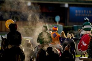 ASCOT, ENGLAND - JANUARY 23: A general view as steam rises from runners as they return from racing in The Matchbook Best Odds Handicap Chase at Ascot Racecourse on January 23, 2021 in Ascot, England. Due to the Coronavirus pandemic, owners along with the paying public will not be allowed to attend the meeting. (Photo by Alan Crowhurst/Getty Images)