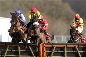 ASCOT, ENGLAND - JANUARY 23: Harry Skelton riding Roksana (pink/blue) clear the last to win The Matchbook Betting Podcast Mares' Hurdle at Ascot Racecourse on January 23, 2021 in Ascot, England. Due to the Coronavirus pandemic, owners along with the paying public will not be allowed to attend the meeting. (Photo by Alan Crowhurst/Getty Images)