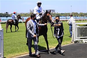 SYDNEY, AUSTRALIA - JANUARY 23: Robbie Dolan on Stay Inside returns to scale after winning race 1 the Paul Hoffmann Handicap during Sydney Racing at Royal Randwick Racecourse on January 23, 2021 in Sydney, Australia. (Photo by Mark Evans/Getty Images)