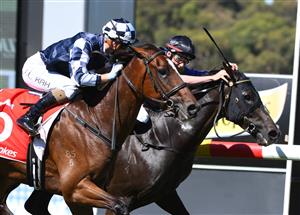 MELBOURNE, AUSTRALIA - JANUARY 23: Jamie Kah riding Grinzinger Allee defeating Campbell Rawiller riding Holbien in Race 7, the Ladbrokes Odds Boost Handicap, during Melbourne Racing at Sandown Racecourse on January 23, 2021 in Melbourne, Australia. (Photo by Vince Caligiuri/Getty Images)