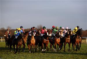 DONCASTER, ENGLAND - JANUARY 29: Runners and riders make their way to the stalls for the start of the Play ITV7 Tomorrow Novices' Handicap Hurdle at Doncaster Racecourse on January 29, 2021 in Doncaster, England. (Photo by Tim Goode - Pool/Getty Images)