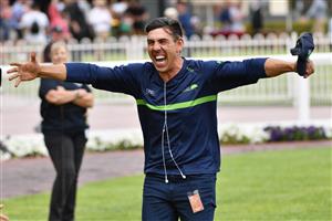 MELBOURNE, AUSTRALIA - JANUARY 30: Trainer Peter Gelagotis reacts after Long Arm won Race 7, the Here For The Horses Handicap, during Melbourne Racing at Caulfield Racecourse on January 30, 2021 in Melbourne, Australia. (Photo by Vince Caligiuri/Getty Images)