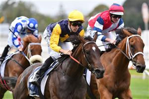 MELBOURNE, AUSTRALIA - JANUARY 30: Jordan Childs riding Vespertine to win Race 1, the Ive Print Handicap during Melbourne Racing at Caulfield Racecourse on January 30, 2021 in Melbourne, Australia. (Photo by Vince Caligiuri/Getty Images)