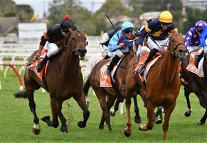 MELBOURNE, AUSTRALIA - JANUARY 30: Billy Egan riding Defibrillate dead heats with Jye McNeil riding Hang Man in Race 9, the John Moule Handicap, during Melbourne Racing at Caulfield Racecourse on January 30, 2021 in Melbourne, Australia. (Photo by Vince Caligiuri/Getty Images)
