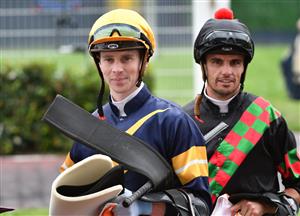 MELBOURNE, AUSTRALIA - JANUARY 30: Billy Egan riding Defibrillate dead heats with Jye McNeil riding Hang Man in Race 9, the John Moule Handicap, during Melbourne Racing at Caulfield Racecourse on January 30, 2021 in Melbourne, Australia. (Photo by Vince Caligiuri/Getty Images)