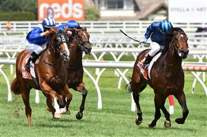 MELBOURNE, AUSTRALIA - JANUARY 30: Luke Currie riding Portland Sky to win race 5, the Superior Food Services Manfred Stakes, during Melbourne Racing at Caulfield Racecourse on January 30, 2021 in Melbourne, Australia. (Photo by Vince Caligiuri/Getty Images)