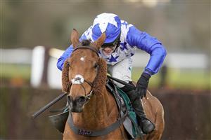 WARWICK, ENGLAND - FEBRUARY 03: Jonjo O'Neill Jr. riding Annie Mc (blue) clear the last to win The Lady Protectress Mares' Chase at Warwick Racecourse on February 03, 2021 in Warwick, England. Due to the Coronavirus pandemic, owners along with the paying public will not be allowed to attend the meeting. (Photo by Alan Crowhurst/Getty Images)