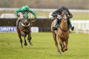 WARWICK, ENGLAND - FEBRUARY 03: Harry Skelton riding Cabot Cliffs clear the last to win The Join Racing TV Now Juvenile Hurdle at Warwick Racecourse on February 03, 2021 in Warwick, England. Due to the Coronavirus pandemic, owners along with the paying public will not be allowed to attend the meeting. (Photo by Alan Crowhurst/Getty Images)