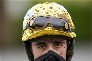 WINCANTON, ENGLAND - FEBRUARY 04: A wet and muddy day at Wincanton Racecourse on February 04, 2021 in Wincanton, England. Due to the Coronavirus pandemic, owners along with the paying public will not be allowed to attend the meeting. (Photo by Alan Crowhurst/Getty Images)