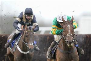 WINCANTON, ENGLAND - FEBRUARY 04 Jonjo O'Neill Jr. riding Time To Get Up (green) clear the last to win The Dick Hunt Handicap Chase at Wincanton Racecourse on February 04, 2021 in Wincanton, England. Due to the Coronavirus pandemic, owners along with the paying public will not be allowed to attend the meeting. (Photo by Alan Crowhurst/Getty Images)