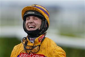 WINCANTON, ENGLAND - FEBRUARY 04: A happy Harry Cobden after riding Sametegal to win The Stewart Tory Memorial Open Hunters' Chase at Wincanton Racecourse on February 04, 2021 in Wincanton, England. Due to the Coronavirus pandemic, owners along with the paying public will not be allowed to attend the meeting. (Photo by Alan Crowhurst/Getty Images)