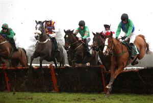 CATTERICK, ENGLAND - FEBRUARY 05: Runner and riders during the Racing TV Profits Returned To Racing Maiden Hurdle at Catterick Racecourse on February 5, 2021 in Catterick, England. (Photo by Tim Goode - Pool / Getty Images)