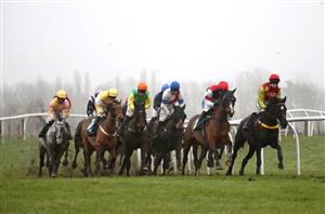 CATTERICK, ENGLAND - FEBRUARY 05: Runners and riders in the kingmakerracedays.co.uk Celebrate Mary Harle's 101st Birthday Handicap Hurdle race at Catterick Racecourse on February 5, 2021 in Catterick, England. (Photo by Tim Goode - Pool / Getty Images)