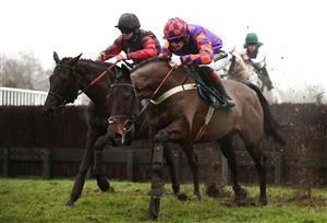 CATTERICK, ENGLAND - FEBRUARY 05: Quick Wave ridden by jockey Robert Dunne (left) on their way to winning the Meetings That Matter On Racing TV Mares' Handicap Chase ahead of Whatsdastory ridden by jockey Sam Twiston-Davies at Catterick Racecourseon February 5, 2021 in Catterick, England. (Photo by Tim Goode - Pool / Getty Images)