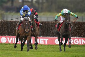 ESHER, ENGLAND - FEBRUARY 06: Richard Johnson riding Sporting John (green) clear the last to win The Virgin Bet Scilly Isles Novices' Chase from Shan Blue and Harry Skelton at Sandown Park Racecourse on February 06, 2021 in Esher, England. Due to the Coronavirus pandemic, owners along with the paying public will not be allowed to attend the meeting. (Photo by Alan Crowhurst/Getty Images)