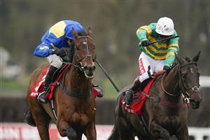 ESHER, ENGLAND - FEBRUARY 06: Richard Johnson riding Sporting John (green) clear the last to win The Virgin Bet Scilly Isles Novices' Chase from Shan Blue and Harry Skelton at Sandown Park Racecourse on February 06, 2021 in Esher, England. Due to the Coronavirus pandemic, owners along with the paying public will not be allowed to attend the meeting. (Photo by Alan Crowhurst/Getty Images)