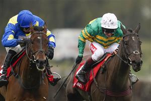 ESHER, ENGLAND - FEBRUARY 06: Richard Johnson riding Sporting John (green) clear the last to win The Virgin Bet Scilly Isles Novices' Chase from Shan Blue and Harry Skelton at Sandown Park Racecourse on February 06, 2021 in Esher, England. Due to the Coronavirus pandemic, owners along with the paying public will not be allowed to attend the meeting. (Photo by Alan Crowhurst/Getty Images)