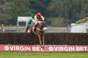 ESHER, ENGLAND - FEBRUARY 06: Richard Johnson riding Native River clear the last to win The Virgin Bet Cotswold Chase at Sandown Park Racecourse on February 06, 2021 in Esher, England. Due to the Coronavirus pandemic, owners along with the paying public will not be allowed to attend the meeting. (Photo by Alan Crowhurst/Getty Images)
