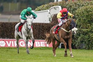ESHER, ENGLAND - FEBRUARY 06: Richard Johnson riding Native River clear the last to win The Virgin Bet Cotswold Chase at Sandown Park Racecourse on February 06, 2021 in Esher, England. Due to the Coronavirus pandemic, owners along with the paying public will not be allowed to attend the meeting. (Photo by Alan Crowhurst/Getty Images)