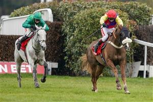 ESHER, ENGLAND - FEBRUARY 06: Richard Johnson riding Native River clear the last to win The Virgin Bet Cotswold Chase at Sandown Park Racecourse on February 06, 2021 in Esher, England. Due to the Coronavirus pandemic, owners along with the paying public will not be allowed to attend the meeting. (Photo by Alan Crowhurst/Getty Images)
