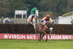 ESHER, ENGLAND - FEBRUARY 06: Richard Johnson riding Native River clear the last to win The Virgin Bet Cotswold Chase at Sandown Park Racecourse on February 06, 2021 in Esher, England. Due to the Coronavirus pandemic, owners along with the paying public will not be allowed to attend the meeting. (Photo by Alan Crowhurst/Getty Images)