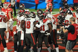 TAMPA, FLORIDA - FEBRUARY 07: Antonio Brown #81 of the Tampa Bay Buccaneers celebrates with teammates after a 1-yard touchdown in the second quarter against the Kansas City Chiefs in Super Bowl LV at Raymond James Stadium on February 07, 2021 in Tampa, Florida. (Photo by Mike Ehrmann/Getty Images)