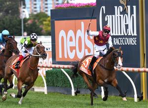 MELBOURNE, AUSTRALIA - FEBRUARY 06: Zac Spain riding Streets of Avalon to win Race 8, the Neds C.f. Orr Stakes, during C.F. Orr Stakes Day at Caulfield Racecourse on February 06, 2021 in Melbourne, Australia. (Photo by Vince Caligiuri/Getty Images)