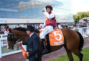 MELBOURNE, AUSTRALIA - FEBRUARY 06: Zac Spain riding Streets of Avalon after winning Race 8, the Neds C.f. Orr Stakes, during C.F. Orr Stakes Day at Caulfield Racecourse on February 06, 2021 in Melbourne, Australia. (Photo by Vince Caligiuri/Getty Images)