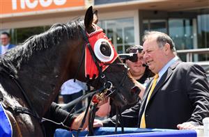 MELBOURNE, AUSTRALIA - FEBRUARY 06: Trainer Michael Moroney poses with Poland after winning Race 4, the Hyland Race Colours Autumn Stakes, during C.F. Orr Stakes Day at Caulfield Racecourse on February 06, 2021 in Melbourne, Australia. (Photo by Vince Caligiuri/Getty Images)