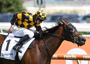 MELBOURNE, AUSTRALIA - FEBRUARY 06: Damian Lane riding Probabeel to win Race 7, the Lamaro's Sth Melbourne Geoffrey Bellmaine Stakes during C.F. Orr Stakes Day at Caulfield Racecourse on February 06, 2021 in Melbourne, Australia. (Getty)
