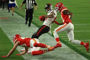 TAMPA, FLORIDA - FEBRUARY 07: Daniel Sorensen #49 of the Kansas City Chiefs falls out of bounds during the second quarter against the Tampa Bay Buccaneers in Super Bowl LV at Raymond James Stadium on February 07, 2021 in Tampa, Florida. (Photo by Mike Ehrmann/Getty Images)