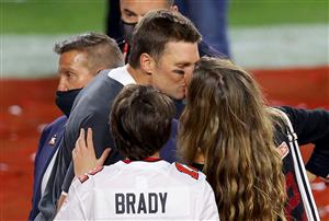 TAMPA, FLORIDA - FEBRUARY 07: Tom Brady #12 of the Tampa Bay Buccaneers celebrates with Gisele Bundchen after winning Super Bowl LV at Raymond James Stadium on February 07, 2021 in Tampa, Florida. (Photo by Kevin C. Cox/Getty Images)