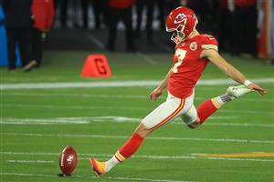 TAMPA, FLORIDA - FEBRUARY 07: Harrison Butker #7 of the Kansas City Chiefs kicks off during the first quarter against the Tampa Bay Buccaneers in Super Bowl LV at Raymond James Stadium on February 07, 2021 in Tampa, Florida. (Photo by Mike Ehrmann/Getty Images)