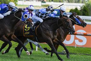 MELBOURNE, AUSTRALIA - FEBRUARY 06: Jamie Kah riding Prophet's Thumb to win race 9, the Schweppes Rubiton Stakes, during C.F. Orr Stakes Day at Caulfield Racecourse on February 06, 2021 in Melbourne, Australia. (Getty)