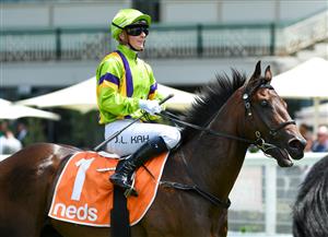 MELBOURNE, AUSTRALIA - FEBRUARY 06: Jamie Kah riding General Beau after winning in Race 3, the Neds Blue Diamond Prelude C&g, during C.F. Orr Stakes Day at Caulfield Racecourse on February 06, 2021 in Melbourne, Australia. (Photo by Vince Caligiuri/Getty Images)
