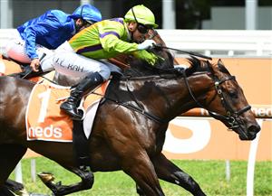 MELBOURNE, AUSTRALIA - FEBRUARY 06: Jamie Kah riding General Beau defeats Damien Oliver riding Anamoe in Race 3, the Neds Blue Diamond Prelude C&g, during C.F. Orr Stakes Day at Caulfield Racecourse on February 06, 2021 in Melbourne, Australia. (Photo by Vince Caligiuri/Getty Images)