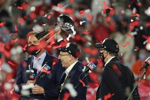 TAMPA, FLORIDA - FEBRUARY 07: Tampa Bay Buccaneers owner Joel Glazer holds the Lombardi Trophy after defeating the Kansas City Chiefs in Super Bowl LV at Raymond James Stadium on February 07, 2021 in Tampa, Florida. The Buccaneers defeated the Chiefs 31-9. (Photo by Patrick Smith/Getty Images)