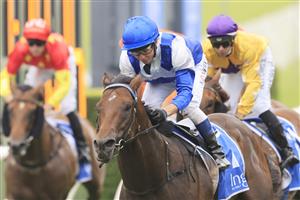 SYDNEY, AUSTRALIA - FEBRUARY 06: Kerrin McEvoy on Rocketing By (blue/white) wins race 7 the Inglis Sprint during Sydney Racing at Royal Randwick Racecourse on February 06, 2021 in Sydney, Australia. (Photo by Mark Evans/Getty Images)