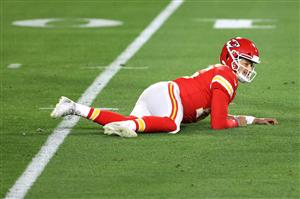 TAMPA, FLORIDA - FEBRUARY 07: Patrick Mahomes #15 of the Kansas City Chiefs lies on the turf after a play in the second quarter against the Tampa Bay Buccaneers in Super Bowl LV at Raymond James Stadium on February 07, 2021 in Tampa, Florida. (Photo by Patrick Smith/Getty Images)