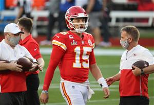 TAMPA, FLORIDA - FEBRUARY 07: Patrick Mahomes #15 of the Kansas City Chiefs warms up before Super Bowl LV against the Tampa Bay Buccaneers at Raymond James Stadium on February 07, 2021 in Tampa, Florida. (Photo by Patrick Smith/Getty Images)