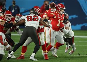 TAMPA, FLORIDA - FEBRUARY 07: Patrick Mahomes #15 of the Kansas City Chiefs looks to throw during the third quarter against the Tampa Bay Buccaneers in Super Bowl LV at Raymond James Stadium on February 07, 2021 in Tampa, Florida. (Photo by Patrick Smith/Getty Images)
