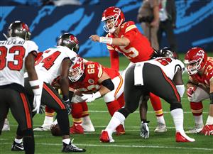 TAMPA, FLORIDA - FEBRUARY 07: Patrick Mahomes #15 of the Kansas City Chiefs reacts at the line of scrimmage in the first quarter against the Tampa Bay Buccaneers in Super Bowl LV at Raymond James Stadium on February 07, 2021 in Tampa, Florida. (Photo by Patrick Smith/Getty Images)
