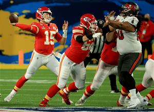 TAMPA, FLORIDA - FEBRUARY 07: Patrick Mahomes #15 of the Kansas City Chiefs looks to pass in the first quarter against the Tampa Bay Buccaneers in Super Bowl LV at Raymond James Stadium on February 07, 2021 in Tampa, Florida. (Photo by Mike Ehrmann/Getty Images)