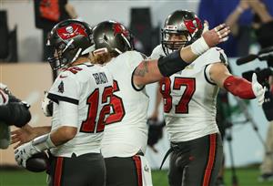 TAMPA, FLORIDA - FEBRUARY 07: Ryan Jensen #66 and Rob Gronkowski #87 of the Tampa Bay Buccaneers celebrate after winning Super Bowl LV at Raymond James Stadium on February 07, 2021 in Tampa, Florida. The Buccaneers defeated the Chiefs 31-9. (Photo by Patrick Smith/Getty Images)