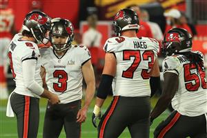TAMPA, FLORIDA - FEBRUARY 07: Ryan Succop #3 of the Tampa Bay Buccaneers celebrates with teammates after scoring a field goal during the second quarter against the Kansas City Chiefs in Super Bowl LV at Raymond James Stadium on February 07, 2021 in Tampa, Florida. (Photo by Mike Ehrmann/Getty Images)